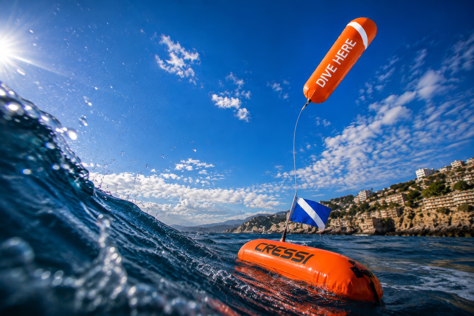 Marcador de helio Flying Buoy: globo naranja con bandera «Alfa» sobre la boya de un pescador submarino en el mar Mediterráneo