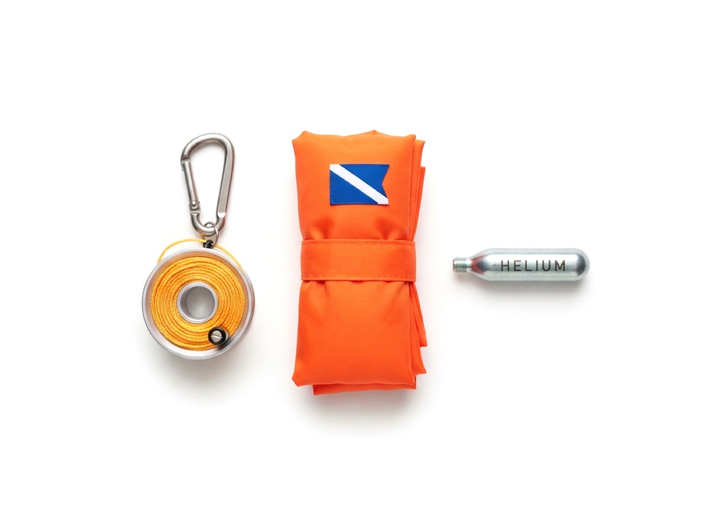 Kit Flying Buoy: funda con bandera «Alfa», carrete con cabo, mosquetón de acero inoxidable y cartucho de helio